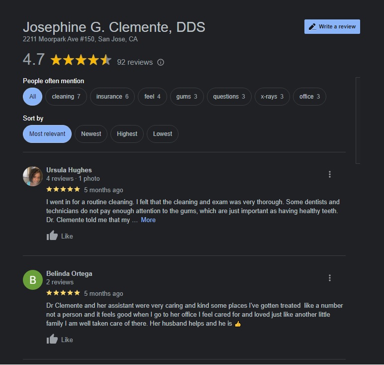 google reviews screenshot for doctor josephine clemente